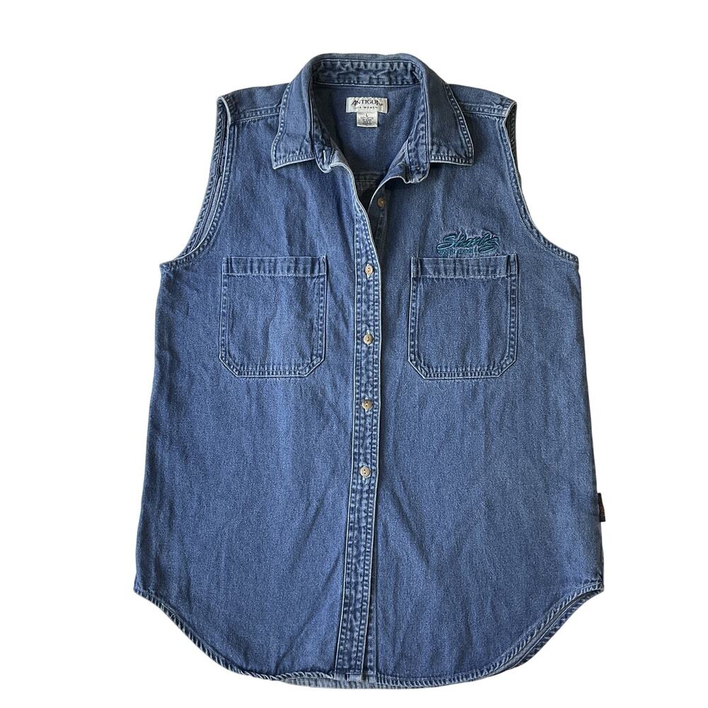 Antigua Women Button Up Shirt L Blue Denim San Jose Sharks Embroidery